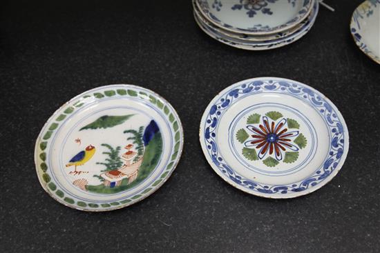 Seven English and Dutch delftware plates and dishes, c.1700-1760, 22 - 23cm, some damage